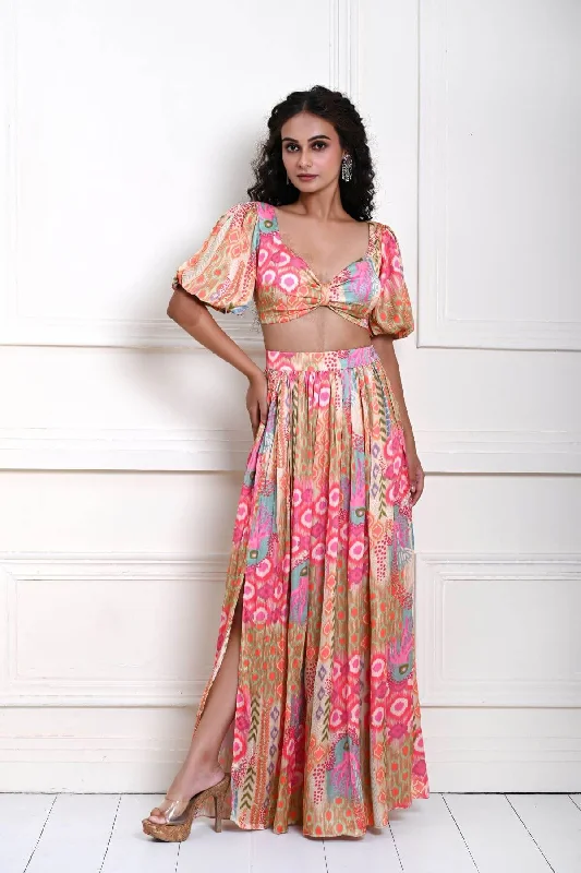 Multicolor Crop Top and Skirt with Side-Slit in Satin Silk Polka Dot Checkered Tartan