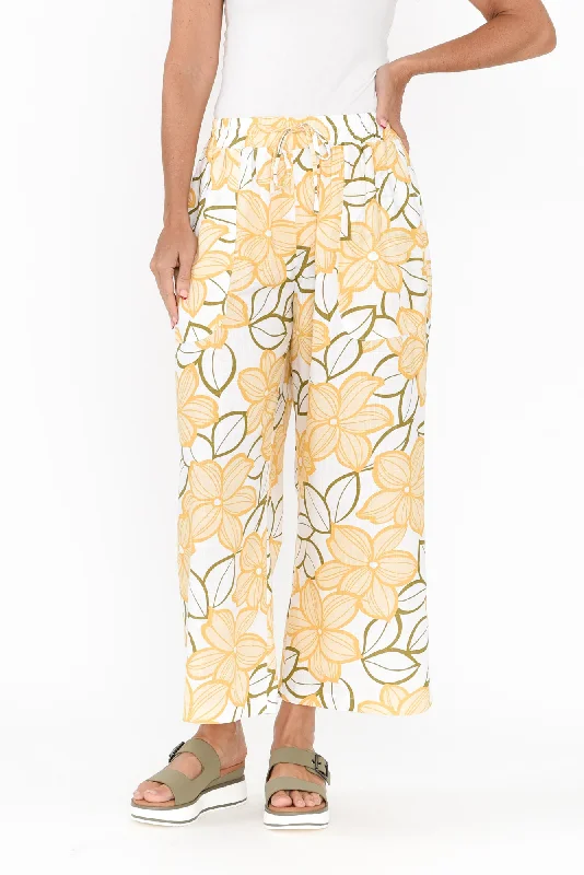Minnelli Yellow Floral Linen Cotton Pants Formal Slim Pants