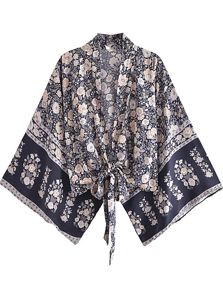Moonlit Bloom Boho Floral Print Crop Top Mesh Canvas Denim