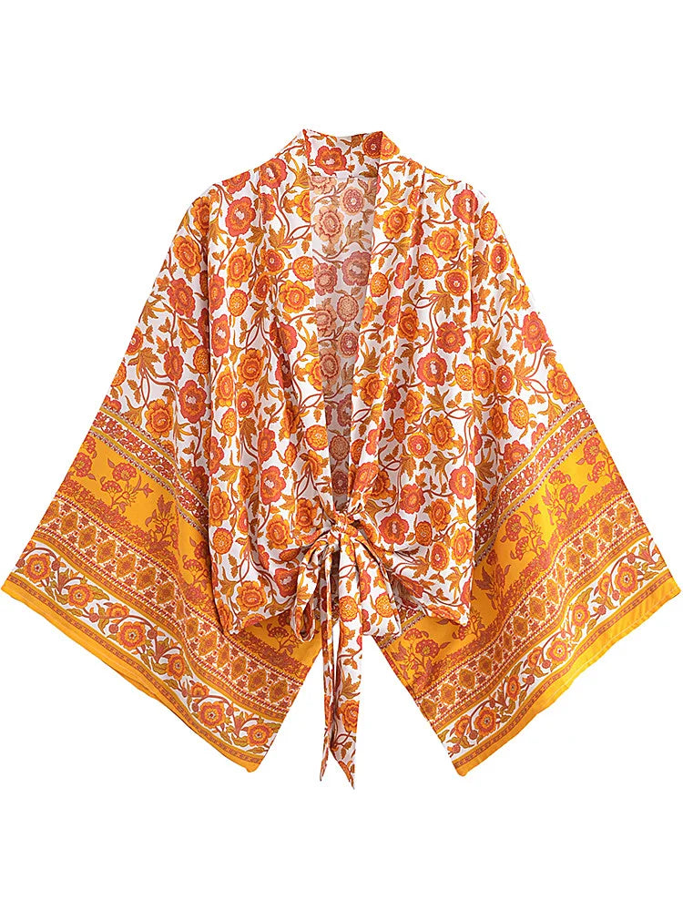 Marigold Orange Boho Floral Print Crop Top Zippered Buttoned Snapped