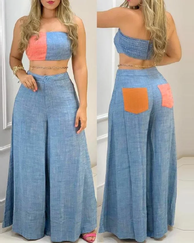 Two Piece Sets Womens Outifits Summer Fashion Colorblock Bandeau Sleeveless Shirring Crop Top & Casual Wide Leg Long Pants Set Front Pockets Side Pockets Patch Pockets