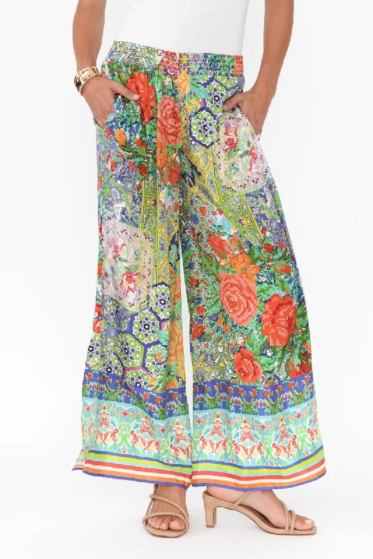 Tulki Green Mosaic Wide Leg Pants Cozy Full-Length Pants