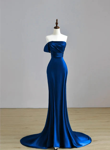 Noble and minimalist navy blue satin shoulder less mermaid spoon long party dress with navy blue backless straps and ground length ball dress Tunics Floral girly Noble and minimalist navy blue satin shoulder less mermaid spoon long party dress with navy blue backless straps and ground length ball dress Tunics Floral girly
