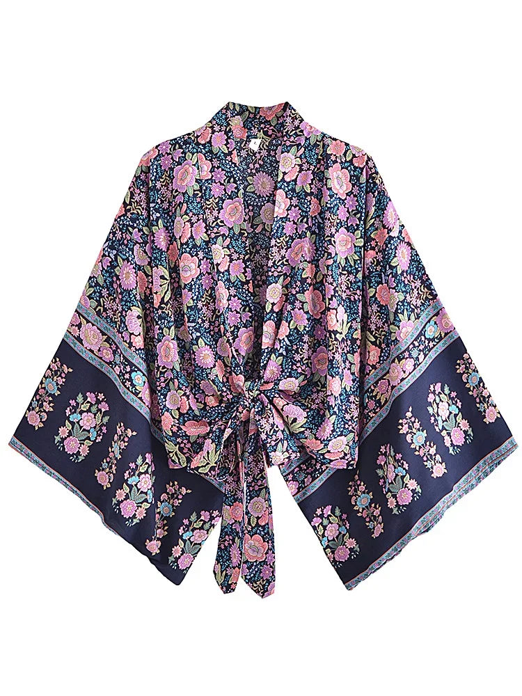 Indigo Blossom Boho Floral Print Crop Top Chenille Brocade Lace