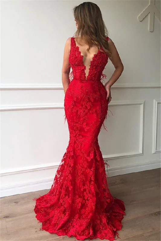 Sexy Straps Sleeveless Mermaid Prom Dresses | Red Lace V-Neck Party Dresses Peplum Ruffle Cocktail Sexy Straps Sleeveless Mermaid Prom Dresses | Red Lace V-Neck Party Dresses Peplum Ruffle Cocktail