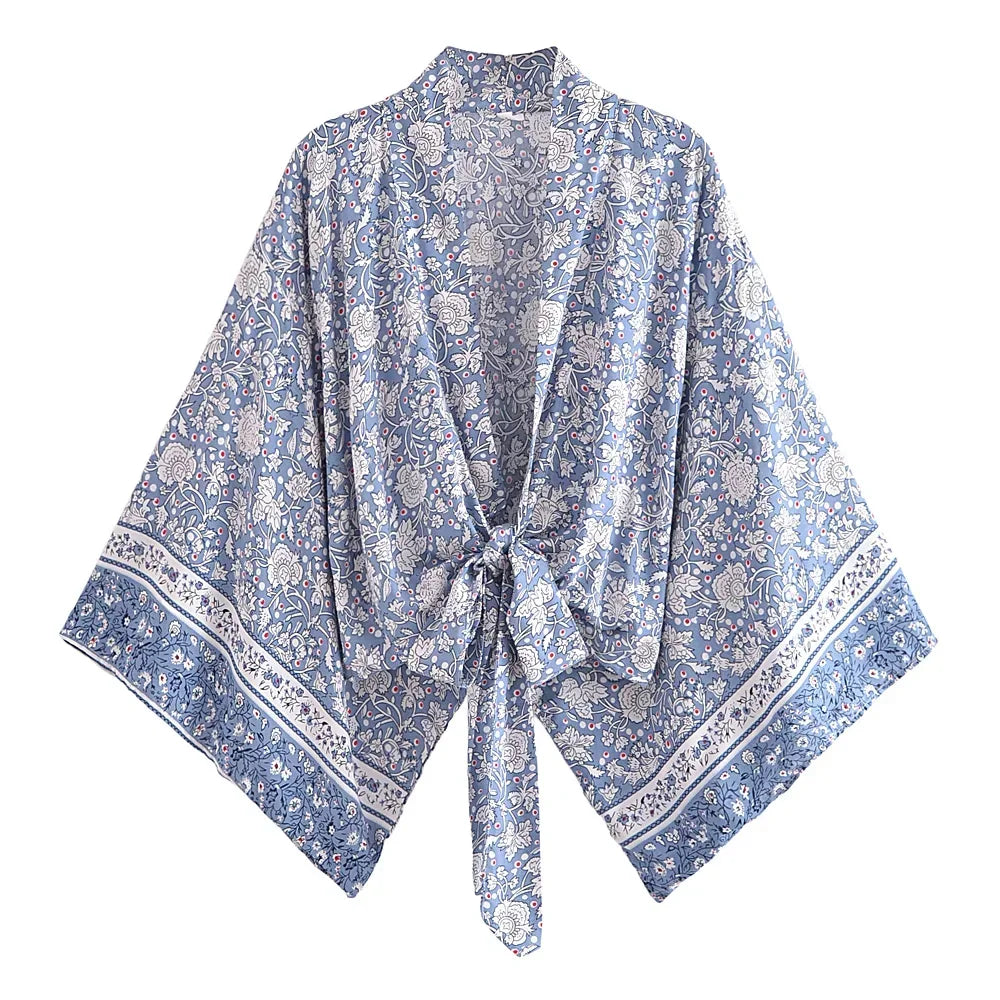 Blue Bliss Boho Floral Print Crop Top Silk Blend Satin Velvet