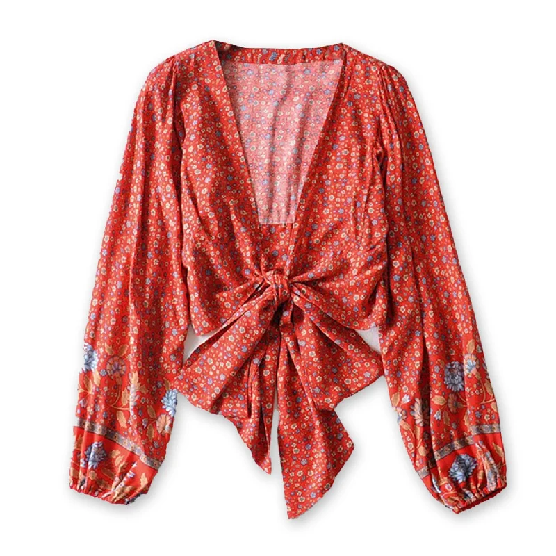 Red Bloom Boho Floral Print Long Sleeve Crop Top Asymmetrical Pockets Print