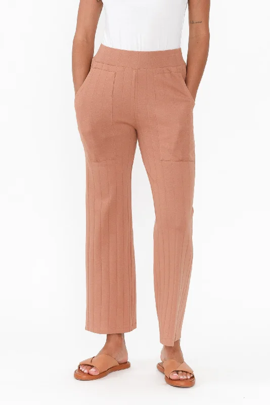 Lacy Mocha Cotton Blend Ribbed Pants Chic Slim Fit Pants