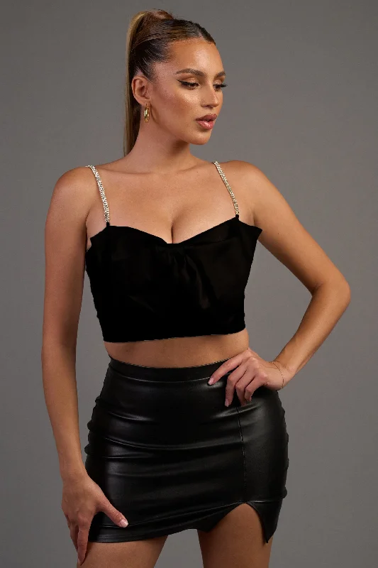 Satin Bow Rhinestone Strap Crop Top Polka Dot Checkered Tartan