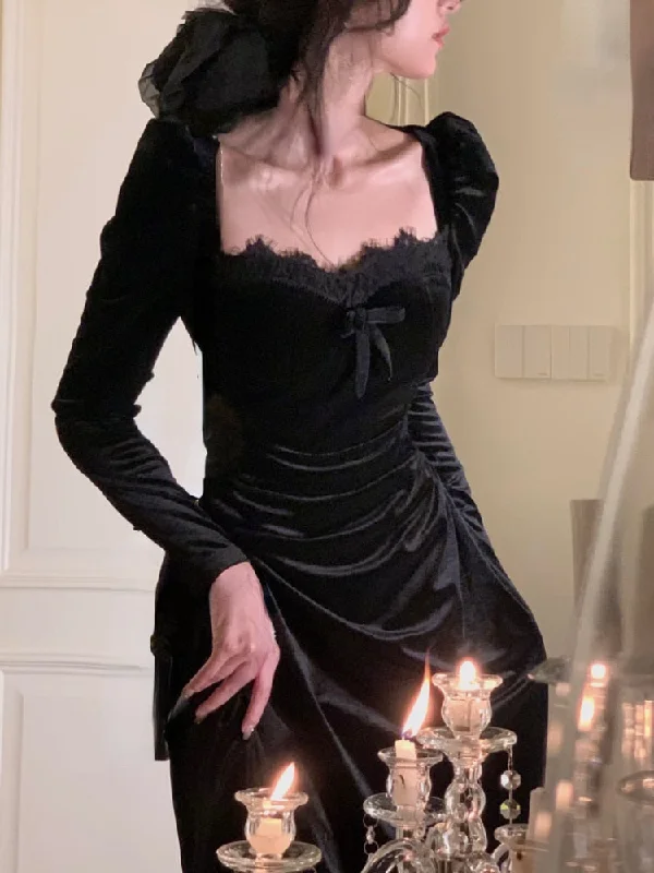 Autumn Black Velvet Midi Dress Casual Korean Fashion Elegant Party Dress Woman Long Sleeve Vintage Lace Dress Slim Design Tunics Evening elegant Autumn Black Velvet Midi Dress Casual Korean Fashion Elegant Party Dress Woman Long Sleeve Vintage Lace Dress Slim Design Tunics Evening elegant