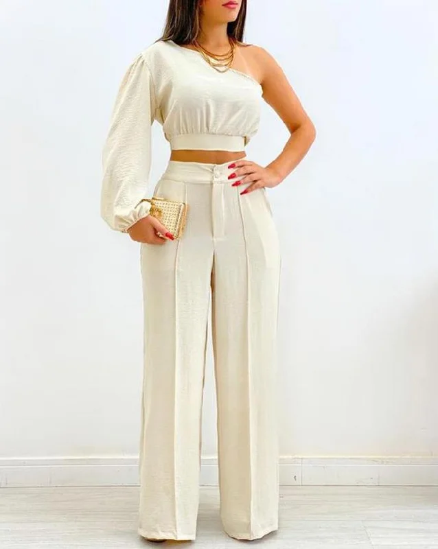 Two Piece Sets Womens Outifits 2023 Spring Fashion Sexy One Shoulder Long Sleeve Crop Top & Casual Plain High Waist Pants Set Print Jacquard Patchwork