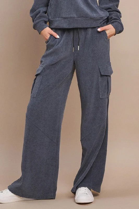 Yelete Corduroy Wide Leg Cargo Pants in Denim Elegant Trouser Pants