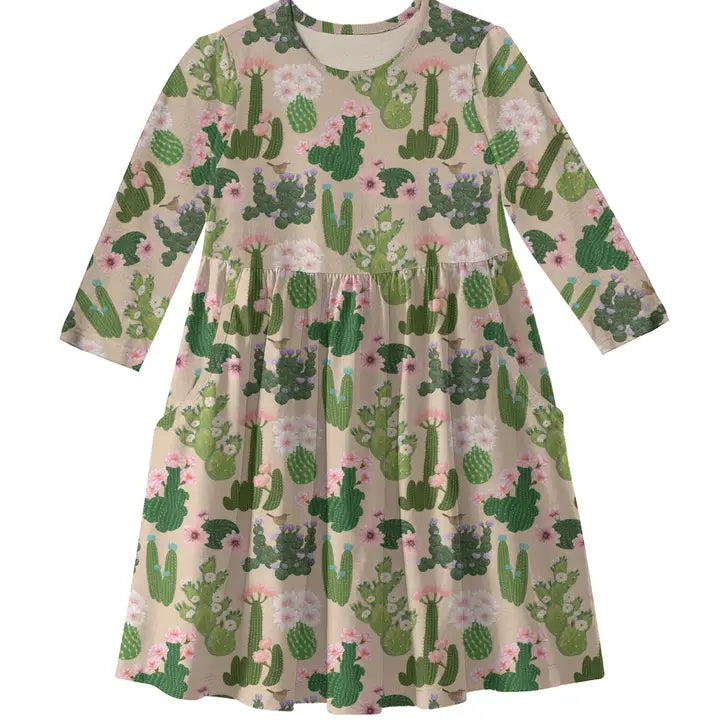 Cactus Flowers 3/4 Sleeve Pocket Dress Tunics Fall fleece