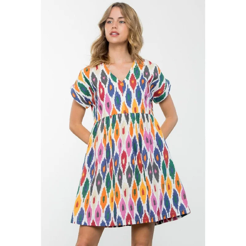 Cheryl Short Sleeve Multi Color Pattern THML Dress- SALE Crew Neckline Casual