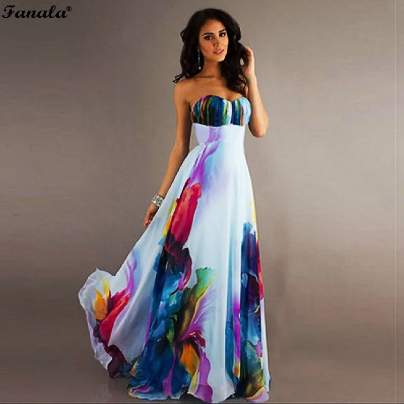 Women Long Dress Sexy High Waist Strapless Dress Large Hem Elegant Party Dress Randomly Ink Floral Back Zipper New Fashion m23 Glittery Long Formal