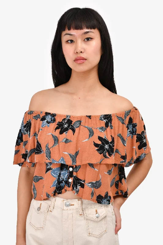 Faithfull The Brand Brown/Blue Ruffle Floral Print Crop Top Size 2 Mesh Canvas Denim Faithfull The Brand Brown/Blue Ruffle Floral Print Crop Top Size 2 Mesh Canvas Denim