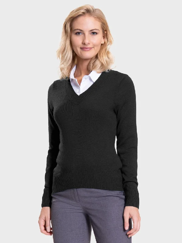 Ladies' Favorite V-Neck Sweater - Black Front Pockets Side Pockets Patch Pockets