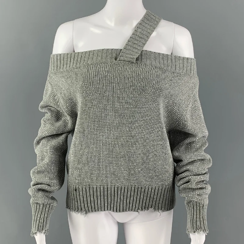 R t A Size S Silver Grey Cotton Studded Off-Shoulder Pullover Three Quarter Sleeve