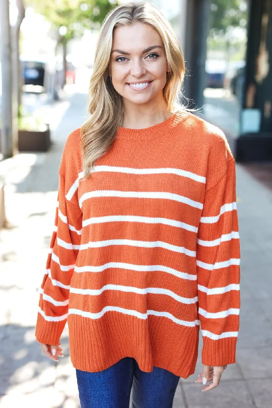 Stand Out Rust Striped Oversized Knit Sweater Elegant Classic Vintage