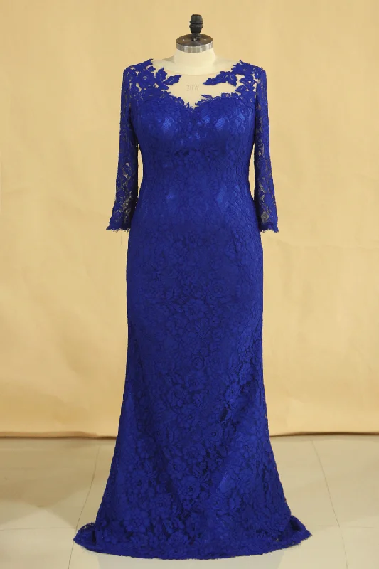 Plus Size Mother Of The Bride Dresses Scoop 3/4 Length Sleeve Lace With Applique Dark Royal Blue Plus Size Mother Of The Bride Dresses Scoop 3/4 Length Sleeve Lace With Applique Dark Royal Blue