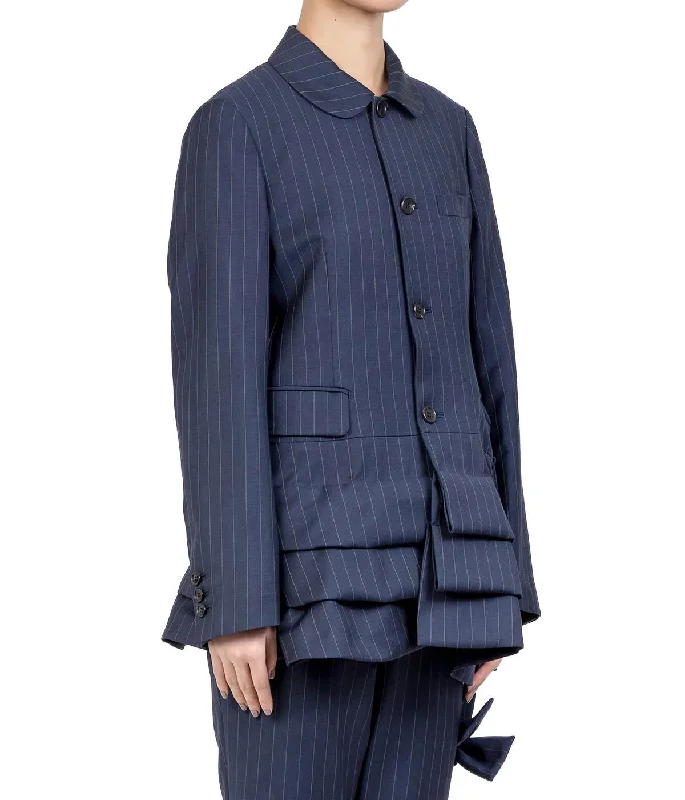 Navy Striped Peplum Jacket Hooded Jacket Caped Jacket Shawl Collar Jacket