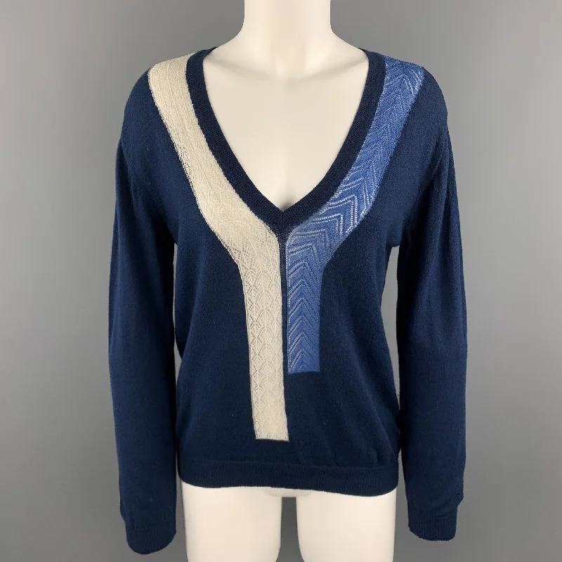 DRIES VAN NOTEN Size S Navy & cream Cotton Wool Blend V Neck Pullover Shirred Sleeve Feminine