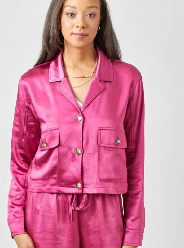 Satin Cropped Jacket [Fuchsia-60205] Fleece Jacket Down Jacket Feather Jacket