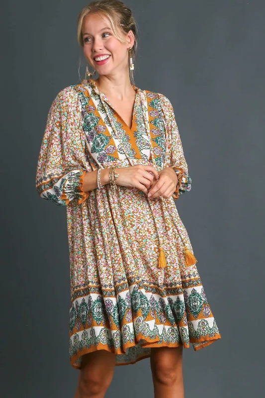 Umgee Border Multi Print Dress in Honey