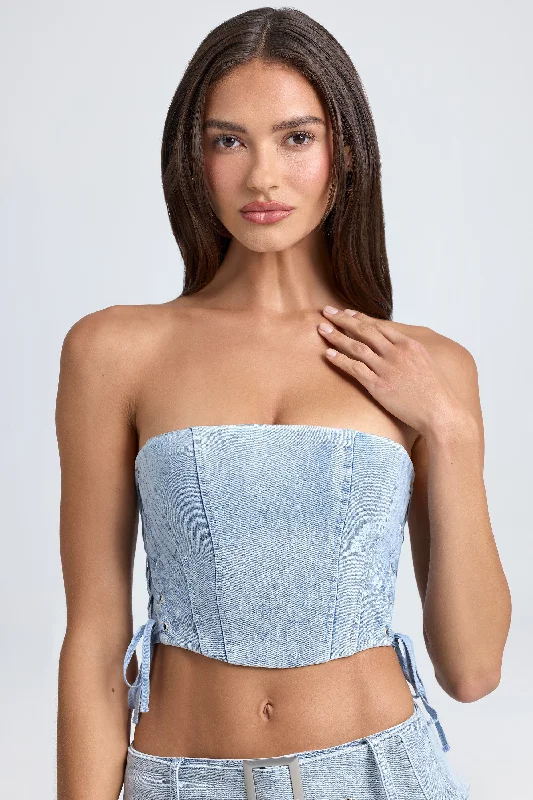 Bandeau Lace-Up Corset Crop Top in Light Blue Stonewash Mesh Canvas Denim