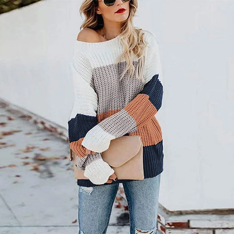 Women Casual Rainbow Color Stripe Stitching Pullover Loose Knitted Sweater Polo Neck Sweater
