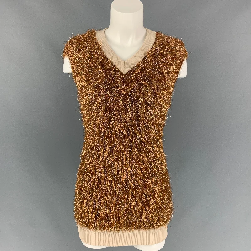PACO RABANNE Size S Gold Polypropylene Blend Metallic Pullover Faux Fur Trim