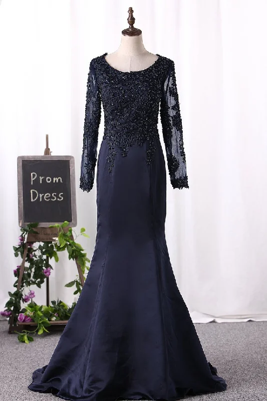 Mother Of The Bride Dresses Scoop Long Sleeves Mermaid Satin With Beading Detachable Mother Of The Bride Dresses Scoop Long Sleeves Mermaid Satin With Beading Detachable