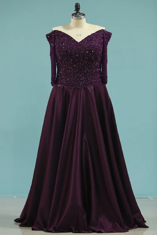 Mother Of The Bridal Dresses V Neck A Line Long Sleeves Beaded Bodice Floor Length