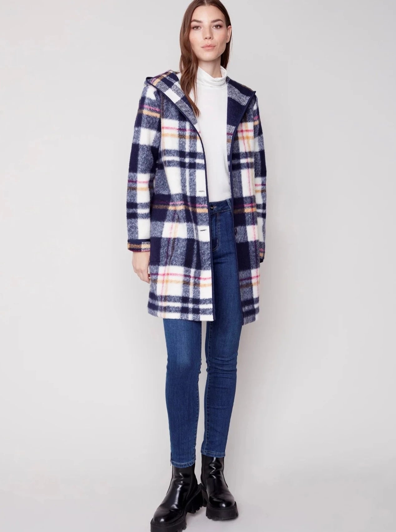 Hooded Button Front Boiled Wool Jacket [Navy-C6267] Zippered Front Buttoned Front Snap Front