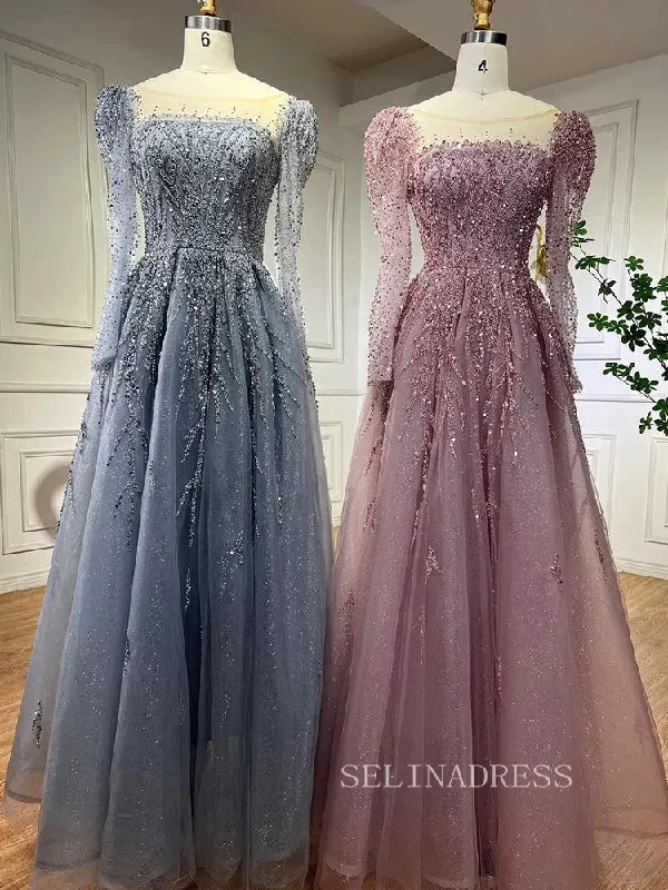 Luxury Scoop Long Sleeve Evening Gowns Beaded Formal Dresses LA71915