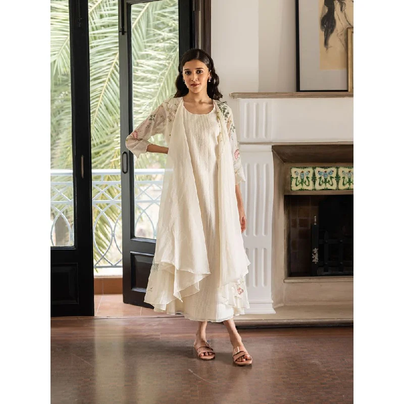 Vaayu Pearl Ivory Embroidered Jacket Dress Satin Fabric Silk Fabric Chiffon Fabric