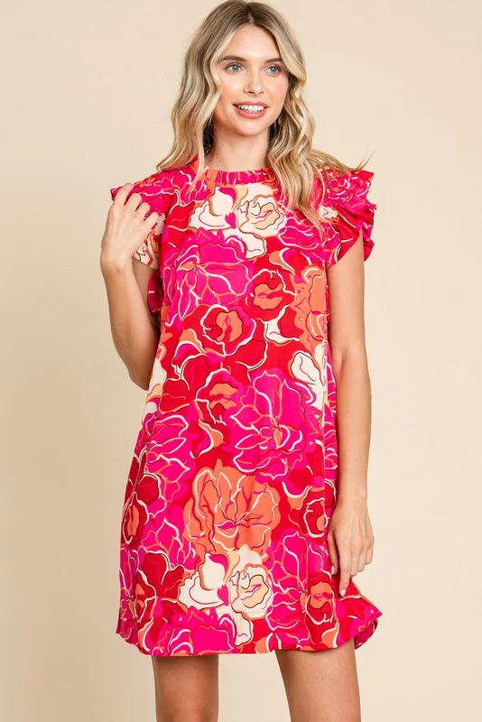 Jodifl Flower Print Smocked Ruffled Cap Sleeves Dress in Red Mix