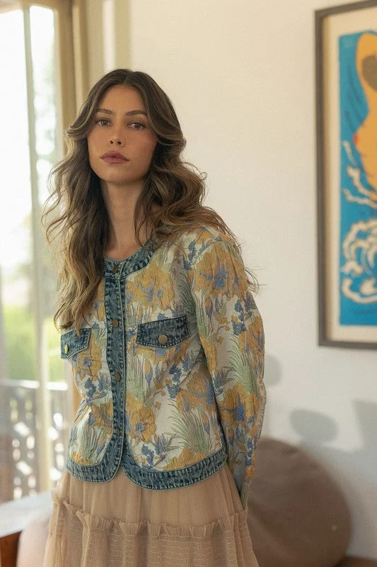 Annie Wear Floral Jacquard Denim Contrast Button Down Jacket Elasticated Jacket Padded Jacket Insulated Jacket Annie Wear Floral Jacquard Denim Contrast Button Down Jacket Elasticated Jacket Padded Jacket Insulated Jacket