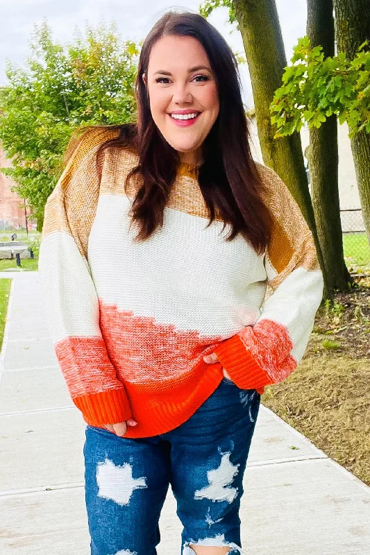 Adorable You Camel & Orange Color Block Sweater Solid Color Striped Floral Print