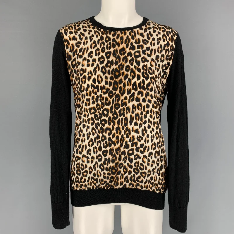 EQUIPMENT Size M Black Tan Wool Silk Leopard Crew-Neck Pullover Oversized Cozy Pullover