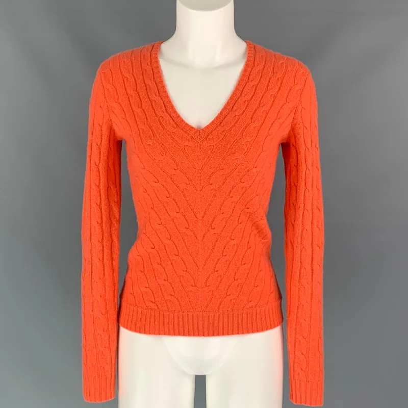 RALPH LAUREN Black Label Size S Orange Cable Knit Cashmere Pullover Solo Sleeve Pullover