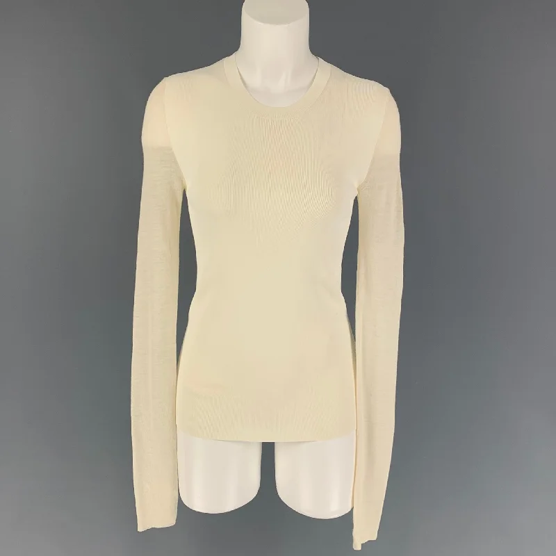 CELINE Size M Cream Viscose Blend Two Tone Crew-Neck Pullover Keyhole Neck Pullover