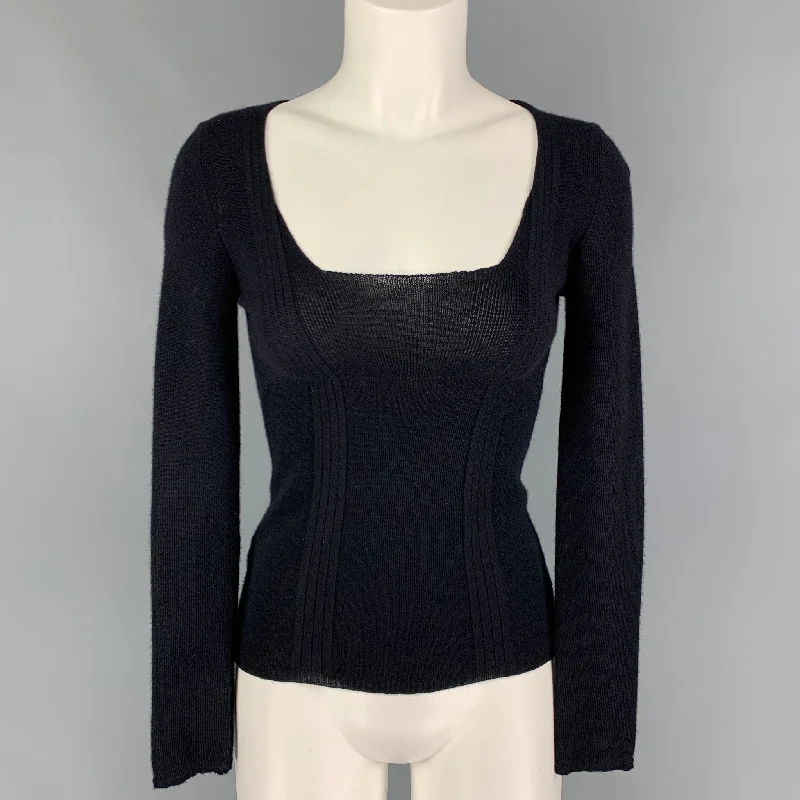 PRADA Size 4 Black Cashmere Silk Ribbed Scoop Neck Pullover Thick Cable Knit