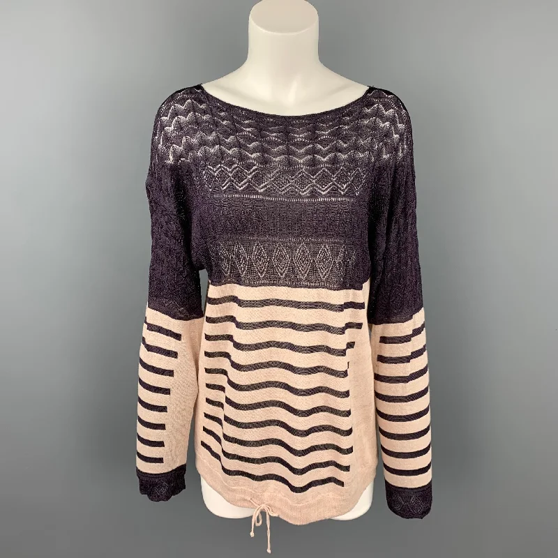 GAULTIER2 by Jean Paul Gaultier Size M Eggplant & Khaki Linen Boat Neck Pullover Angora Wool Cozy