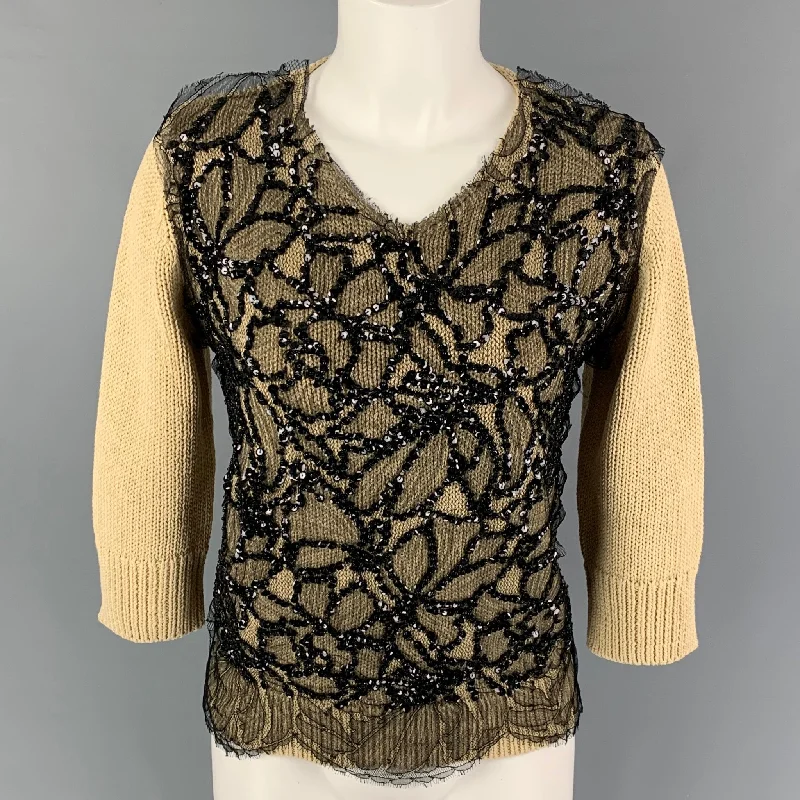 DRIES VAN NOTEN Size S Black Beige Cotton Beaded Pullover Cap Sleeve Casual