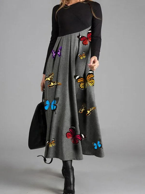 Warm Stitching Casual Dress with Butterfly