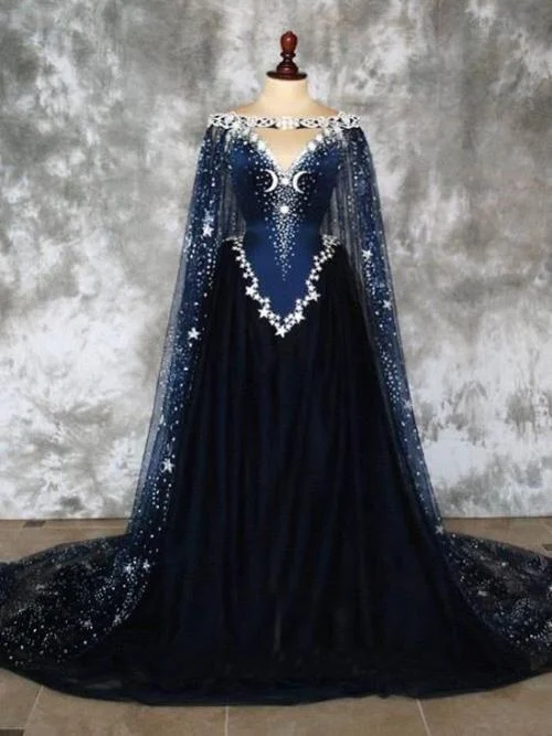 Dark Blue Prom Dresses A-line Sweep Train Chic Prom Dress Sparkly Modest Evening Dress SED489