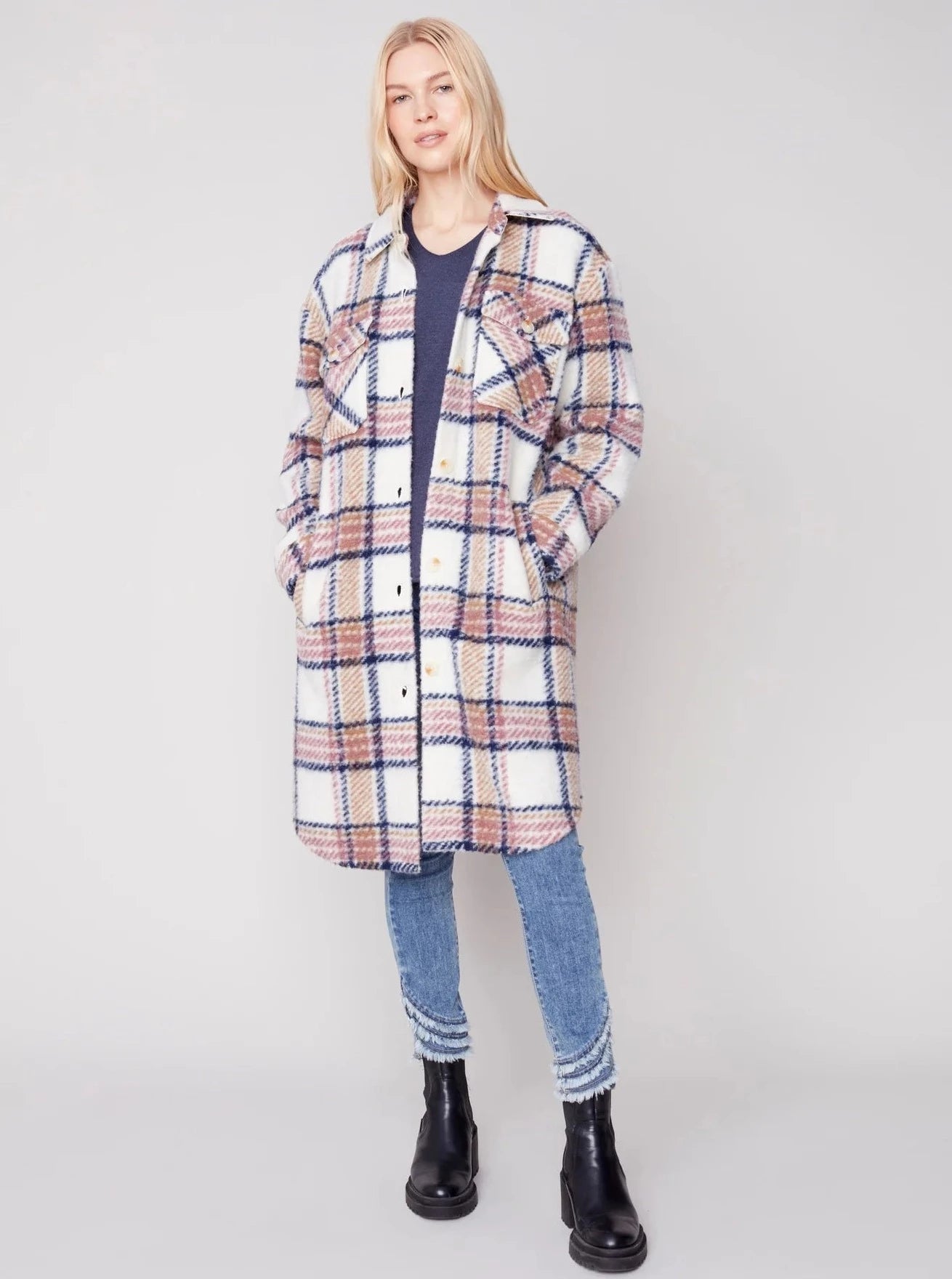 Longer Length Shirt Jacket With Pockets [Raspberry-C6288] Denim Fabric Leather Fabric Suede Fabric