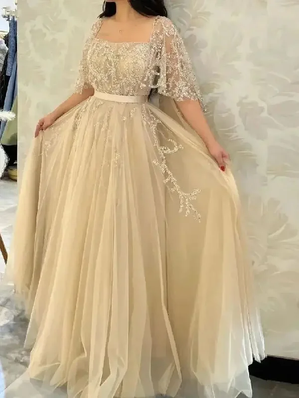 Champagne Tulle Appliques Lace Saudi Arabia Square Collar Prom Dresses Short Sleeves A-Line Formal Evening Gowns For Women Champagne Tulle Appliques Lace Saudi Arabia Square Collar Prom Dresses Short Sleeves A-Line Formal Evening Gowns For Women