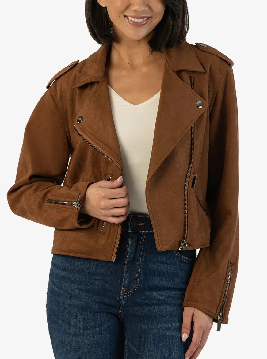 Jackie Bonded Fox Suede Motto Jacket [Whiskey-KJ48502] Welt Pockets Slit Pockets Flap Pockets